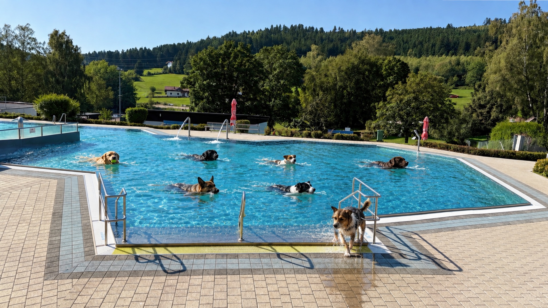 Freibad Viechtach mit Hunden im Nichtschwimmerbecken. Hunde sind KI